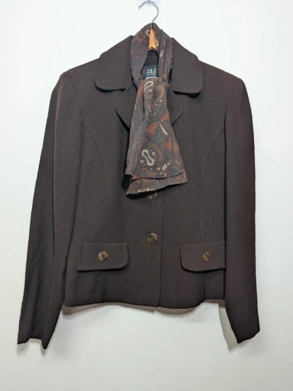 Womens Petite Tailored Jacket Scarf Neck Brown Smart size s